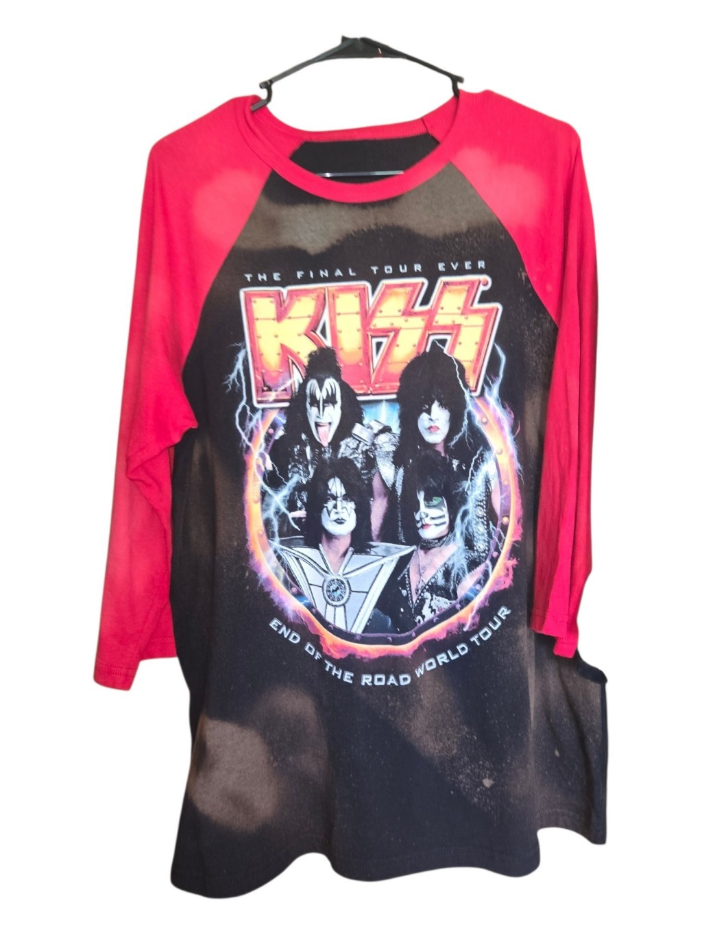 Kiss End Of The Road Vintage Band Merch Red Sleeve Raglan Bleached Upcycled